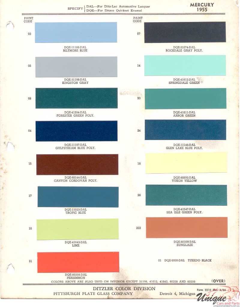 1955 Mercury Paint Charts PPG 1